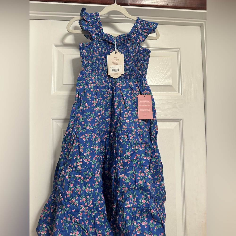 Ivy City Co Blue Floral mini Hailey Smocked Sundress with Pink Flowers